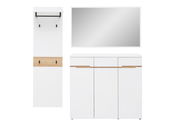 Garderobenset 3-tlg. in Weiß mit Holzdetails, bestehend aus einem hohen Paneel mit Haken, einem großen Spiegel und einem geräumigen Schrank. Frontalansicht.