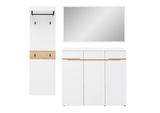 Garderobenset 3-tlg. in Weiß mit Holzdetails, bestehend aus einem hohen Paneel mit Haken, einem großen Spiegel und einem geräumigen Schrank. Frontalansicht.
