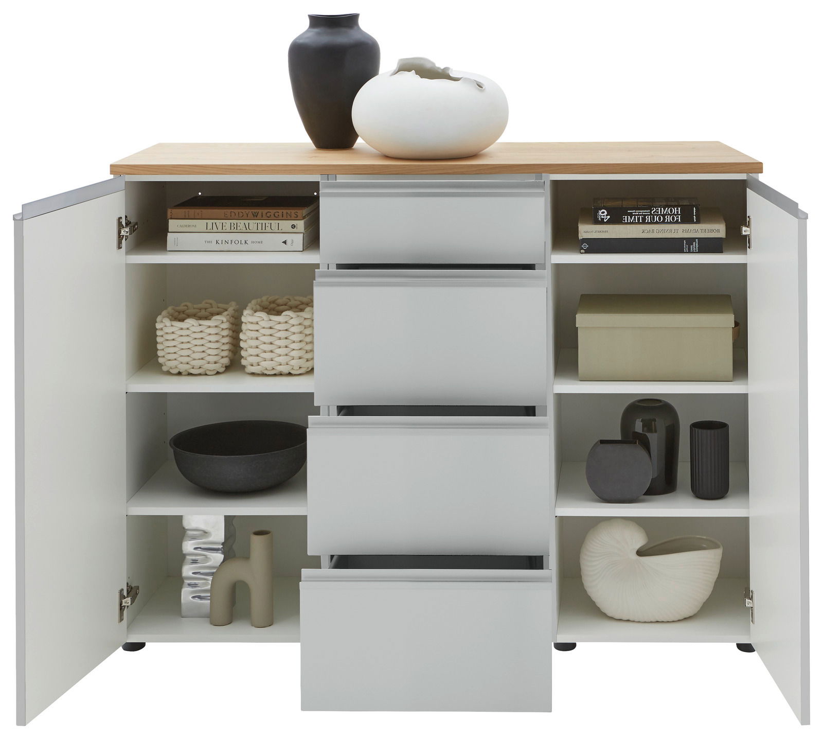 Frontale Ansicht einer Kombi-Kommode mit offenen Türen und Schubladen, dekoriert mit Vasen und Büchern.