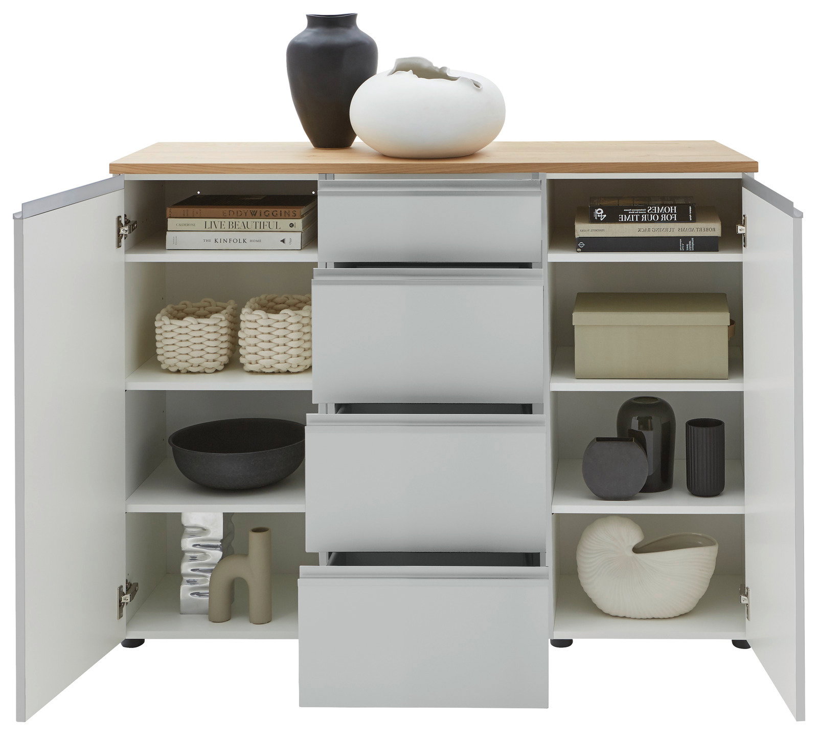 Frontale Ansicht einer Kombi-Kommode mit offenen Türen und Schubladen, dekoriert mit Vasen und Büchern.