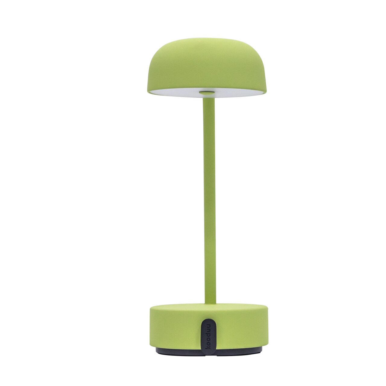 Grüne Tischlampe mit rundem Schirm und zylindrischem Sockel, seitliche Ansicht
