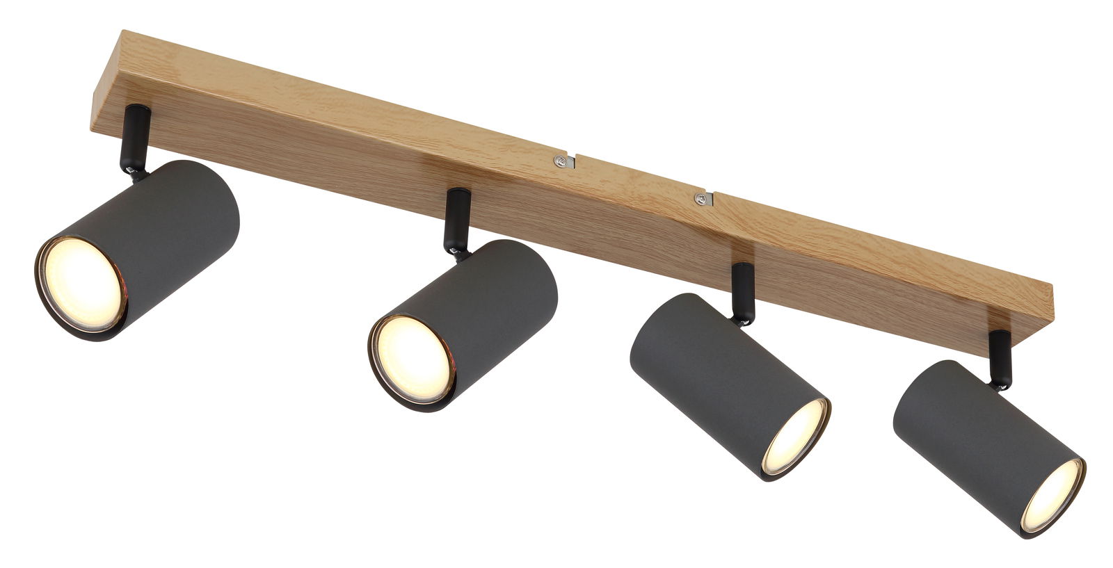 Globo Lighting Strahler 4-flg. ROBBY Deckenstrahler mit vier zylinderförmigen, graphitfarbenen Leuchten an einer Holzleiste, seitliche Perspektive