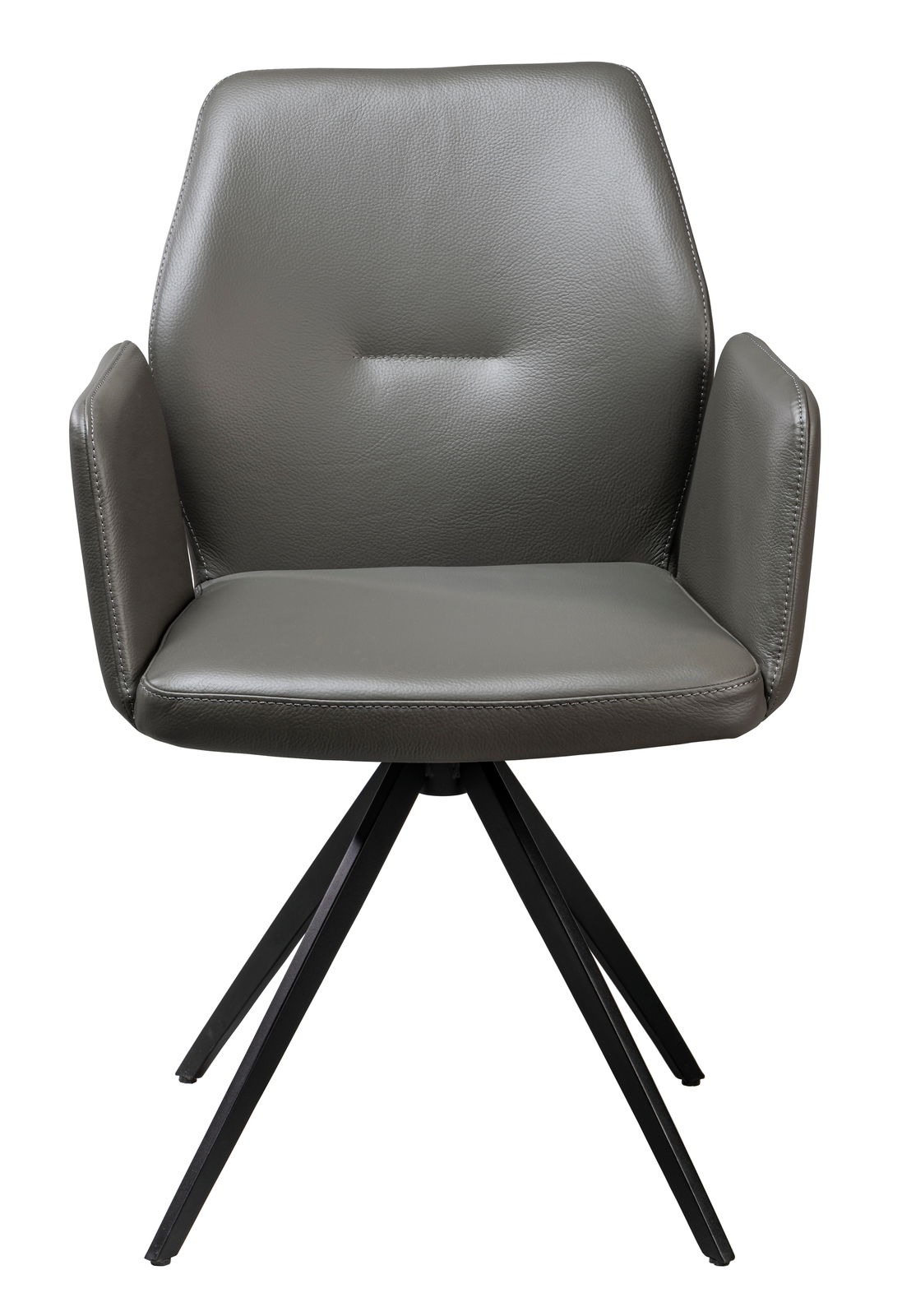 Moderner grauer Sessel mit gepolstertem Sitz und Rückenlehne, schwarzes Metallgestell, Frontalansicht