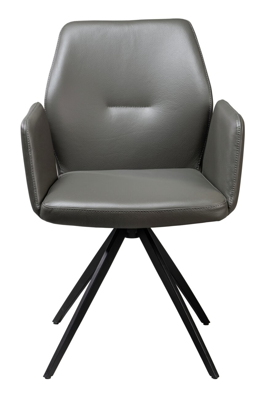 Moderne grijze fauteuil met gestoffeerde zitting en rugleuning, zwart metalen frame, vooraanzicht