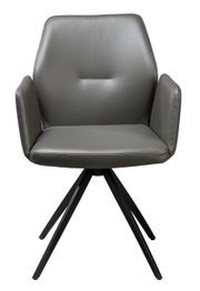 Moderner grauer Sessel mit gepolstertem Sitz und Rückenlehne, schwarzes Metallgestell, Frontalansicht