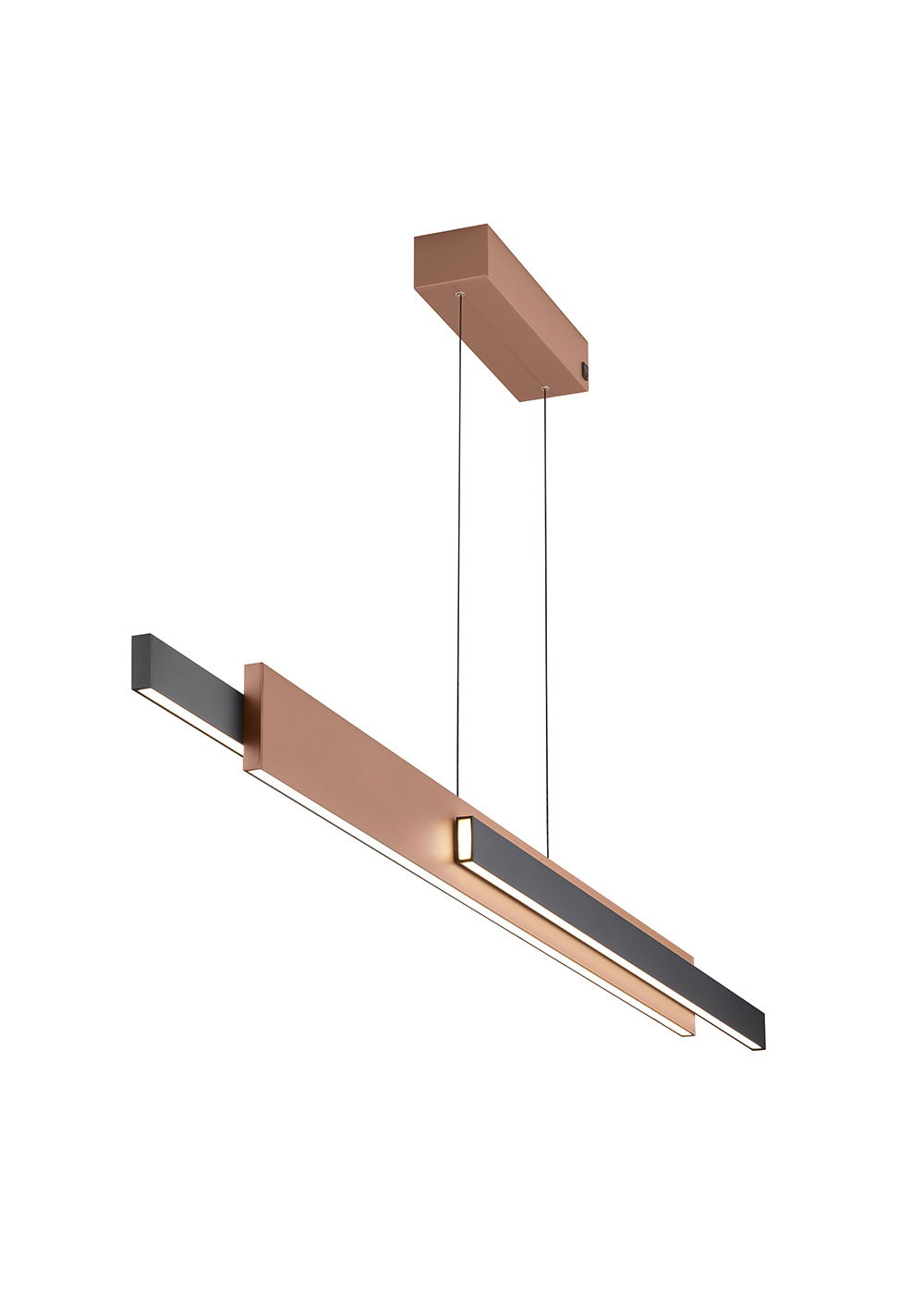 Moderne Pendelleuchte in Kupfer und Schwarz, seitliche Perspektive