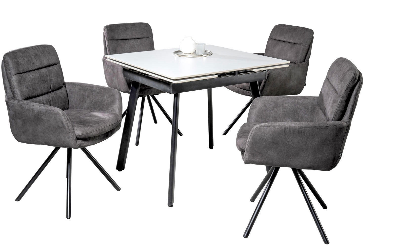 Cantus Armlehnstuhl SCOTTY 2.0 Moderner Esstisch mit vier grauen Armlehnstühlen, seitliche Perspektive