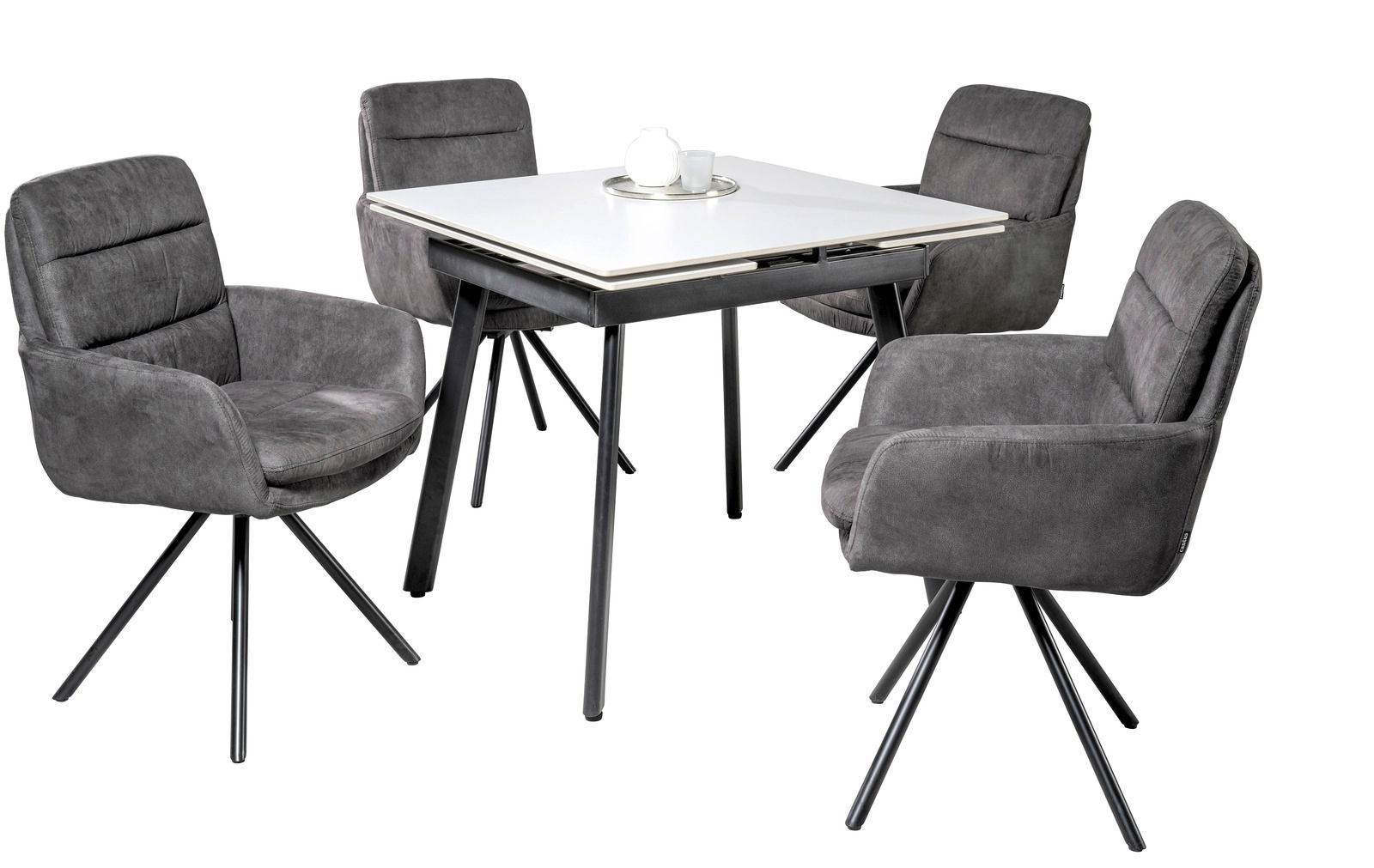 Novel Esstisch MAILAND Moderner Esstisch mit vier grauen Armlehnstühlen, seitliche Perspektive