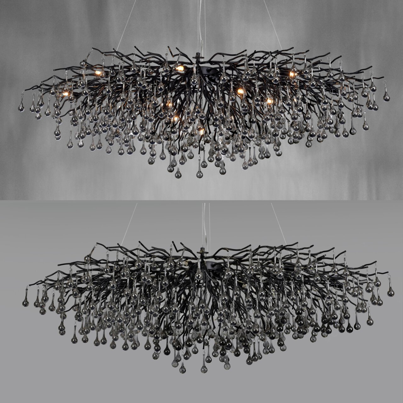 Moderner Kronleuchter ICICLE mit hängenden Glastropfen, seitliche Perspektive