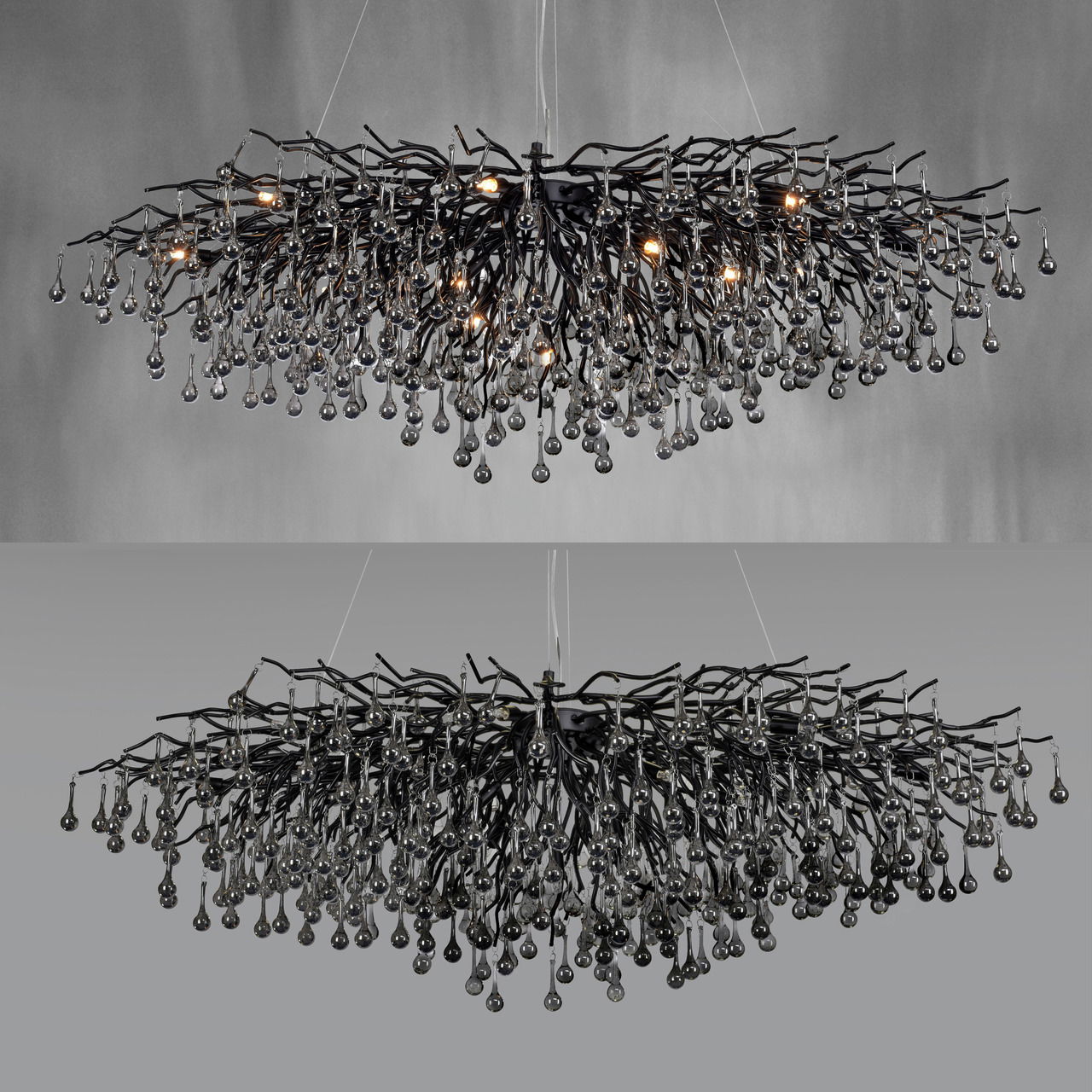 Moderner Kronleuchter ICICLE mit hängenden Glastropfen, seitliche Perspektive