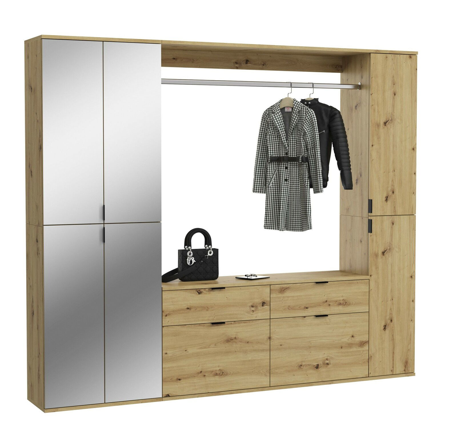 MID.YOU Garderobenkombination PROJEKT X Garderobenkombination aus Holz mit Spiegeln, Kleiderstange und Schubladen, frontal betrachtet.