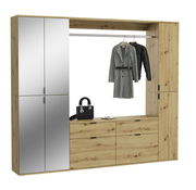 Garderobenkombination aus Holz mit Spiegeln, Kleiderstange und Schubladen, frontal betrachtet.