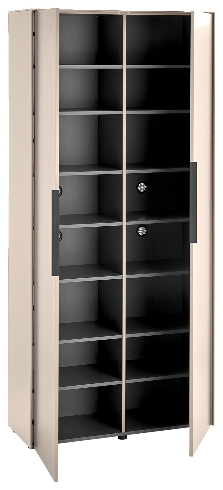 Hoher Metallschrank in Beige mit geöffneten Flügeltüren und mehreren schwarzen Einlegeböden, perspektivisch leicht von vorne aufgenommen.