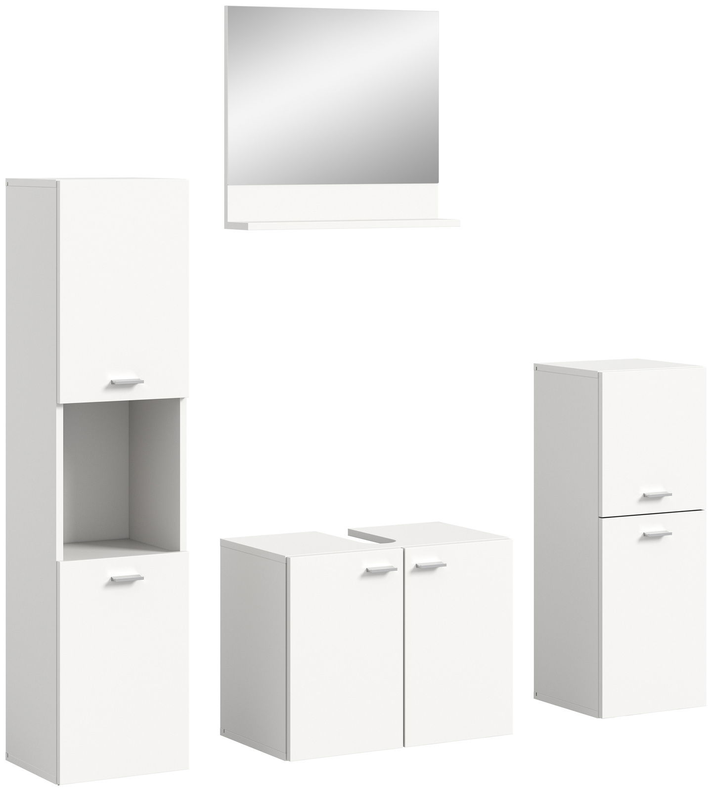 MID.YOU Badkombination BOSTON Moderne weiße Badkombination BOSTON bestehend aus einem Spiegel mit Ablage, einem hohen Schrank, einem Waschbeckenunterschrank und einem weiteren Schrank, frontal abgebildet.