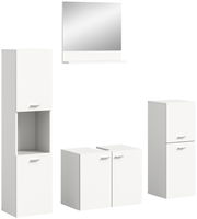 Moderne weiße Badkombination BOSTON bestehend aus einem Spiegel mit Ablage, einem hohen Schrank, einem Waschbeckenunterschrank und einem weiteren Schrank, frontal abgebildet.