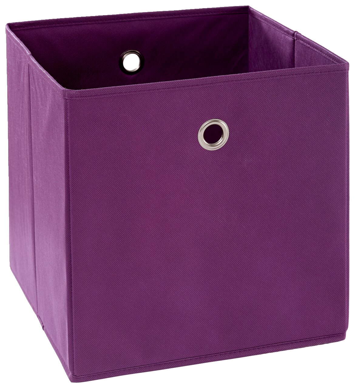 Lila Stoffbox mit Metallösen, perspektivisch von vorne links fotografiert