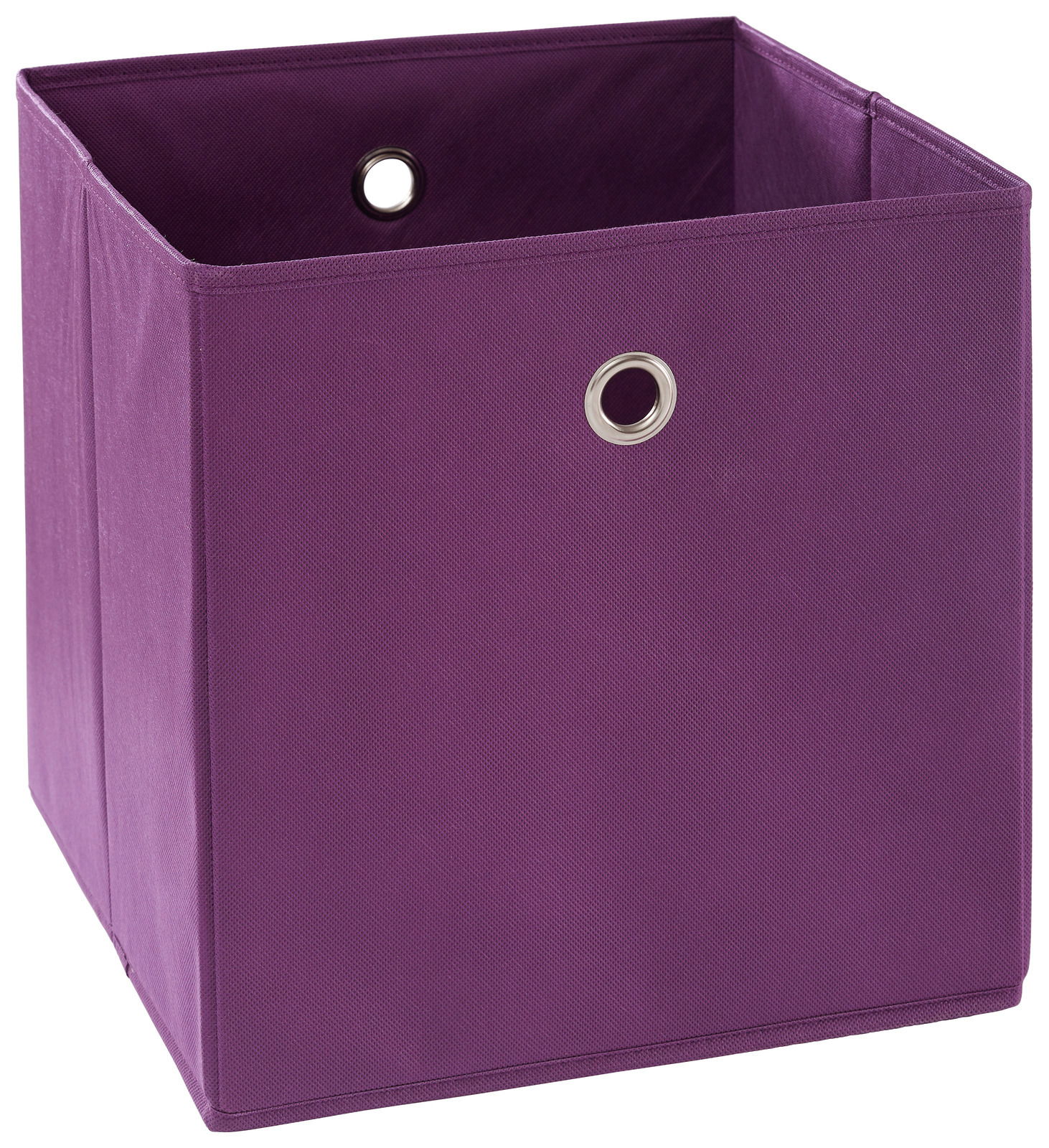 Lila Stoffbox mit Metallösen, perspektivisch von vorne links fotografiert