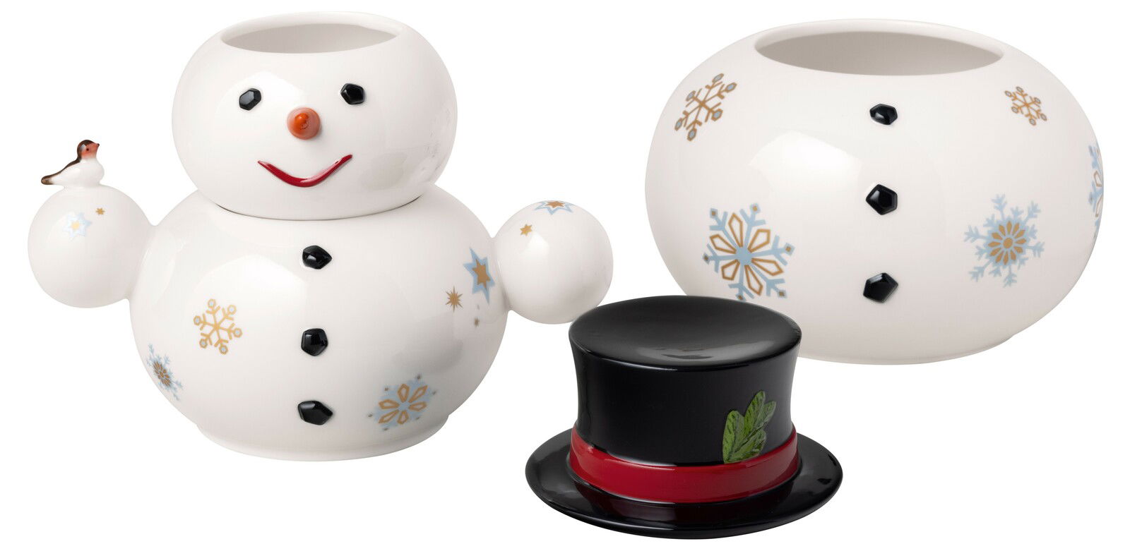 Porzellandose in Form eines Schneemanns mit abnehmbarem Zylinderhut, verziert mit Schneeflocken und einem kleinen Vogel auf der Schulter, aus der Perspektive von vorne und oben.