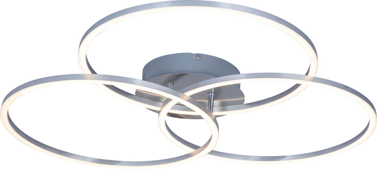 Moderne LED-Deckenleuchte mit drei ineinander verschlungenen Leuchtringen, seitliche Perspektive