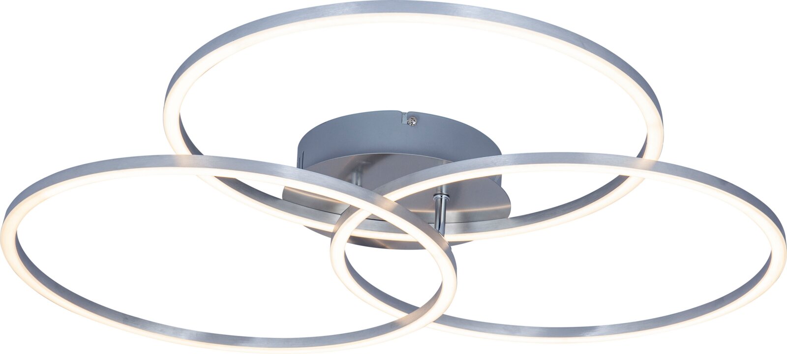 Moderne LED-Deckenleuchte mit drei ineinander verschlungenen Leuchtringen, seitliche Perspektive
