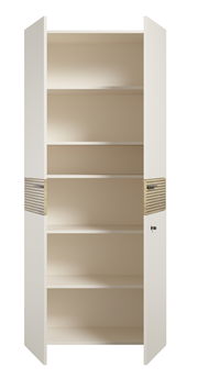 Aktenschrank mit offenen Türen, fünf Regalböden und seitlichen Holzdetails, Frontalansicht