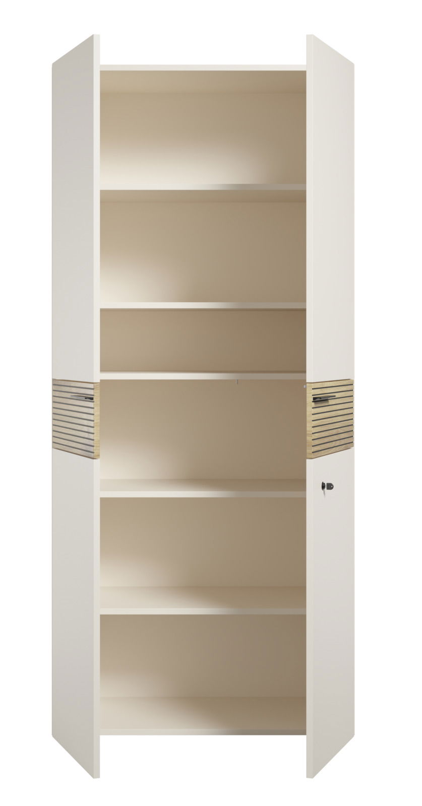 Aktenschrank mit offenen Türen, fünf Regalböden und seitlichen Holzdetails, Frontalansicht