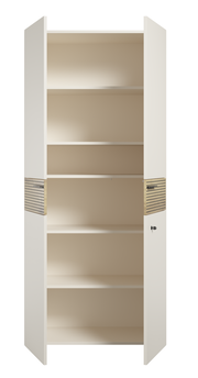 Aktenschrank mit offenen Türen, fünf Regalböden und seitlichen Holzdetails, Frontalansicht