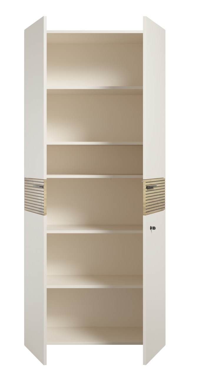 Aktenschrank mit offenen Türen, fünf Regalböden und seitlichen Holzdetails, Frontalansicht