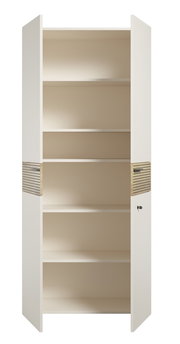 Aktenschrank mit offenen Türen, fünf Regalböden und seitlichen Holzdetails, Frontalansicht