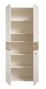 Aktenschrank mit offenen Türen, fünf Regalböden und seitlichen Holzdetails, Frontalansicht