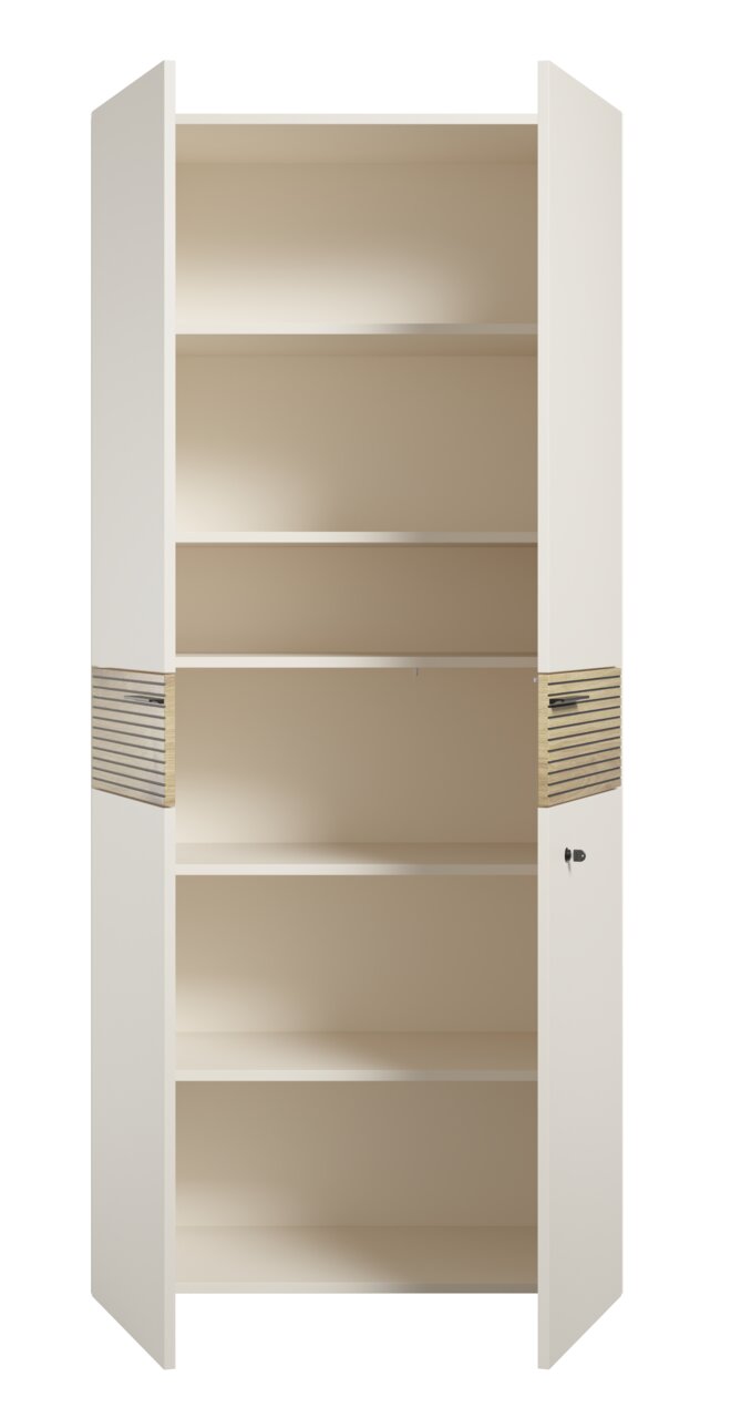 Aktenschrank mit offenen Türen, fünf Regalböden und seitlichen Holzdetails, Frontalansicht