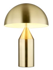 Goldene Tischleuchte ATOMA von Globo Lighting, frontal abgebildet mit halbkugelförmigem Schirm und zylindrischem Sockel.