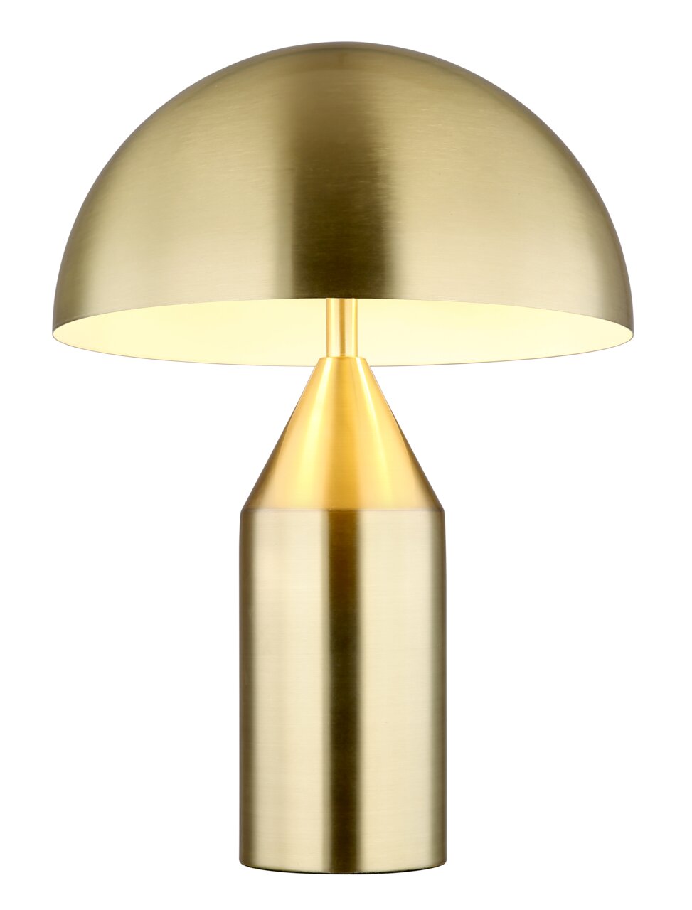 Goldene Tischleuchte ATOMA von Globo Lighting, frontal abgebildet mit halbkugelförmigem Schirm und zylindrischem Sockel.