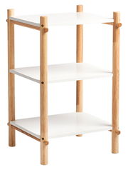 Weißes Kinder-Regal mit drei Ebenen und Holzbeinen, seitliche Perspektive