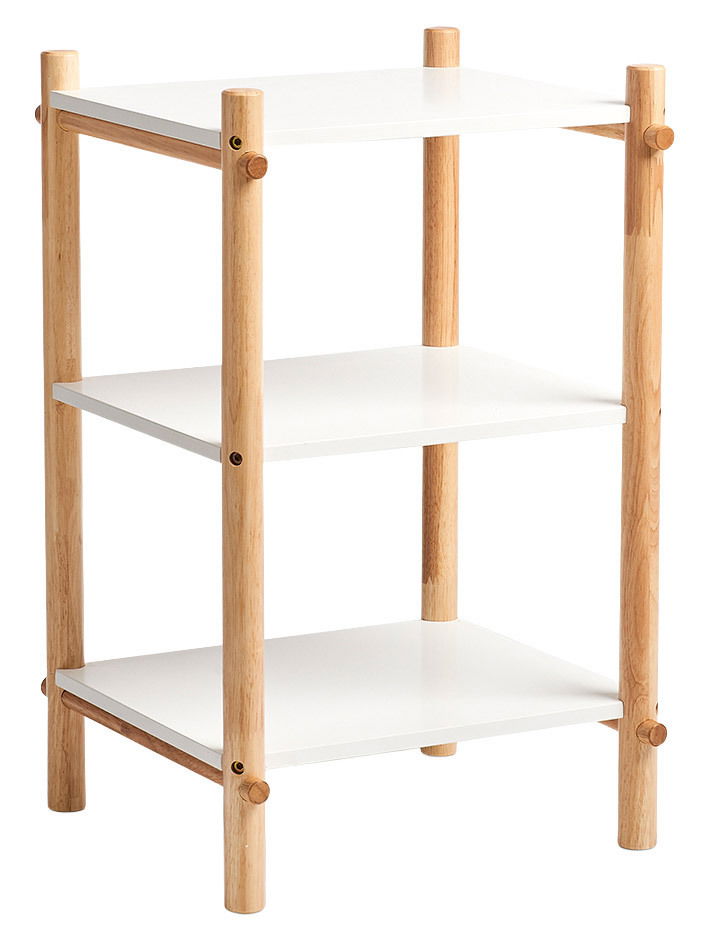 Weißes Kinder-Regal mit drei Ebenen und Holzbeinen, seitliche Perspektive