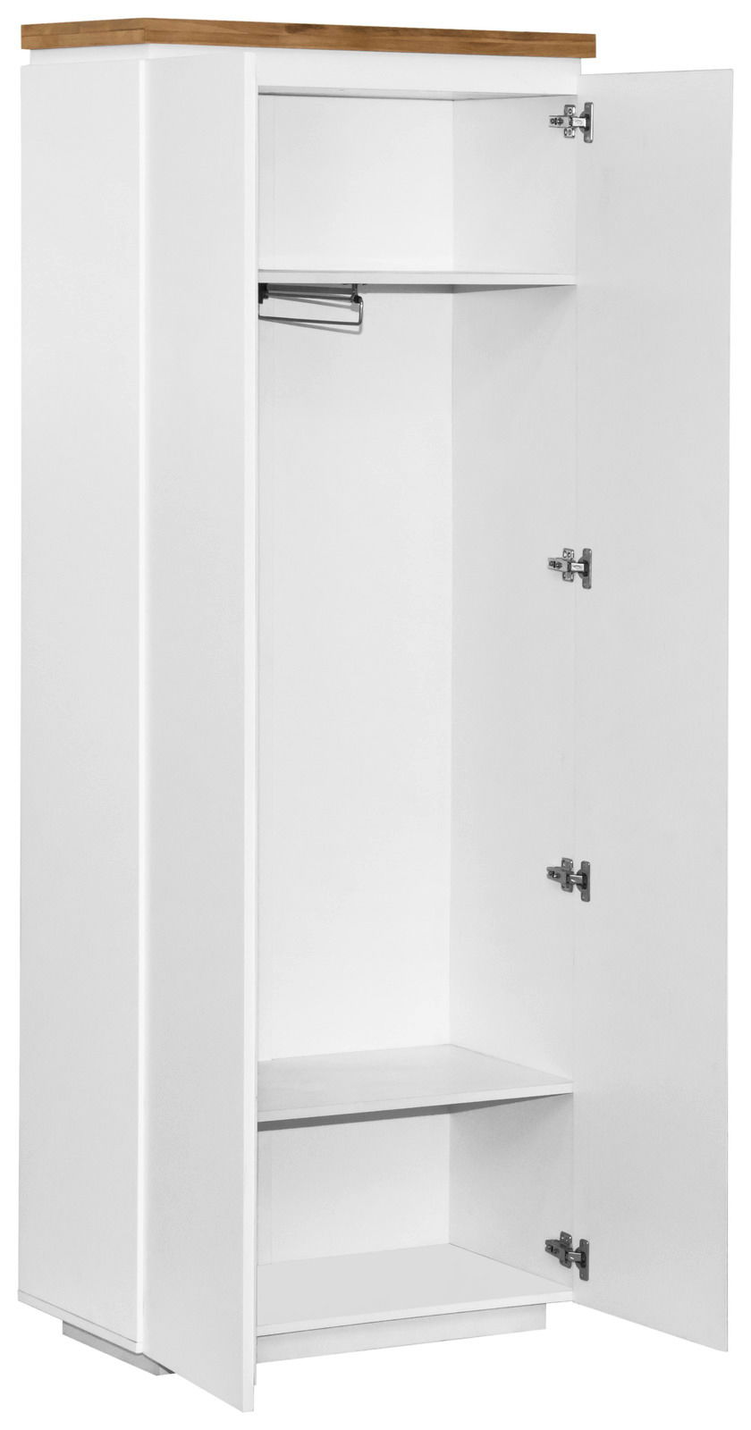 Weißer Garderobenschrank mit Holztop, offene Türen, Innenansicht mit Kleiderstange und Regalboden, Perspektive von vorne links