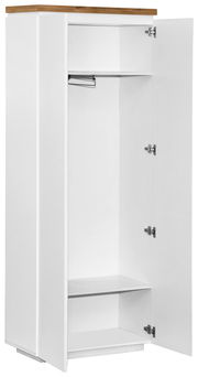 Weißer Garderobenschrank mit Holztop, offene Türen, Innenansicht mit Kleiderstange und Regalboden, Perspektive von vorne links