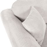 Nahaufnahme eines 2-Sitzer Sofas mit geripptem Stoffbezug in hellem Beige, inklusive passendem Kissen.