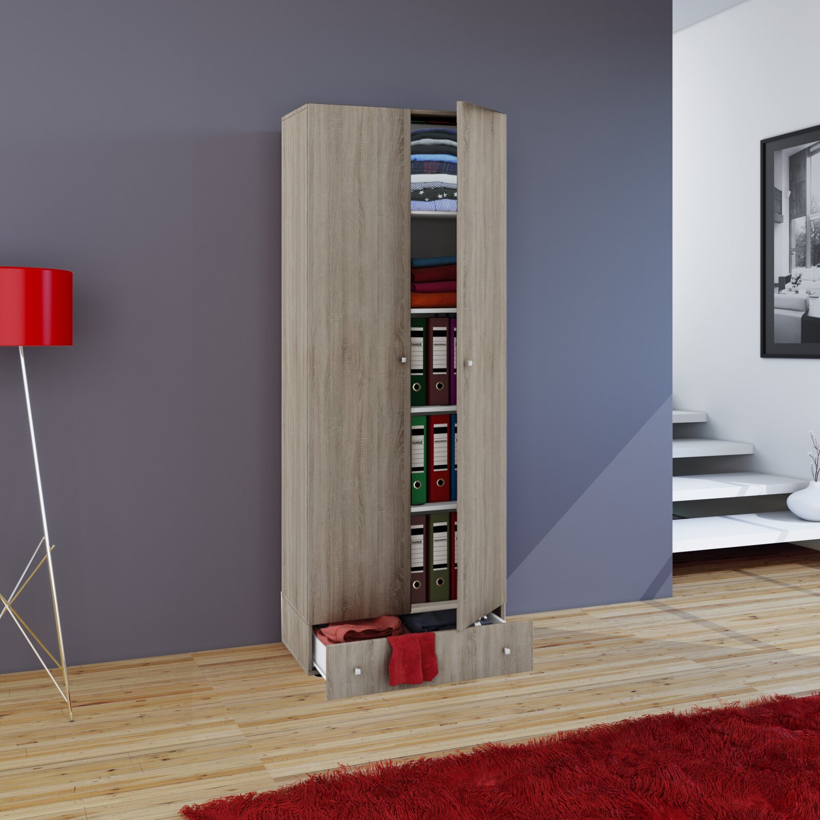 VCM Mehrzweckschrank VANDOL Hoher Kleiderschrank in heller Holzoptik mit zwei Türen und zwei Schubladen, eine Tür und Schublade geöffnet mit sichtbaren Ordnern und gefalteter Kleidung; Frontansicht in leichter Perspektive von links.