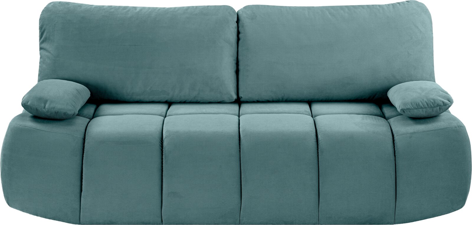 Frontale Ansicht eines türkisfarbenen Schlafsofas mit geripptem Stoff und zwei Armlehnen.