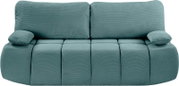 Frontale Ansicht eines türkisfarbenen Schlafsofas mit geripptem Stoff und zwei Armlehnen.