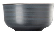 Seitliche Ansicht einer grauen Müslischale mit feiner Rillenstruktur, 13 cm Durchmesser.
