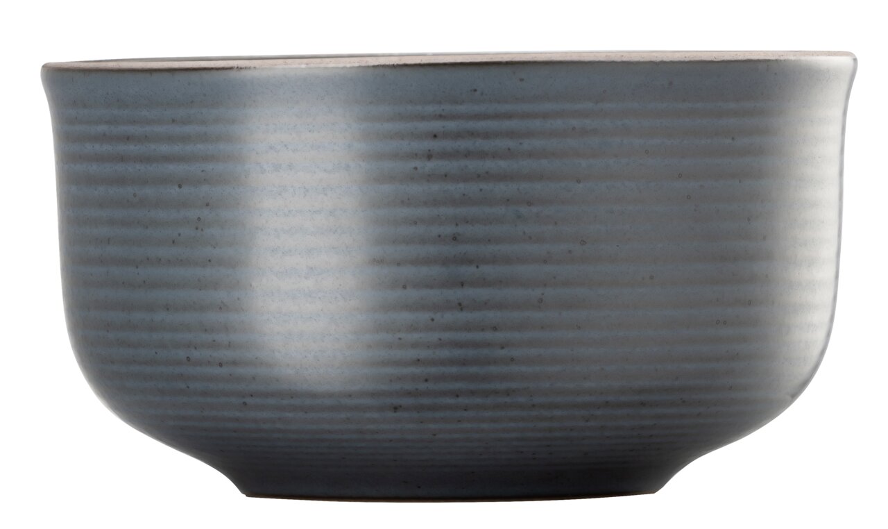 Zijaanzicht van een grijze mueslischaal met een fijne geribbelde structuur, diameter 13 cm.