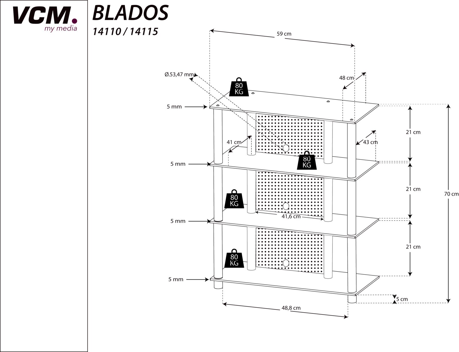 Technische Maßzeichnung des VCM TV-Racks „BLADOS“ (14110/14115) in isometrischer Schrägansicht von vorn, 4 Ebenen, ca. 59 cm breit und 70 cm hoch, mit Maßangaben und 80-kg-Belastbarkeit je Ablage