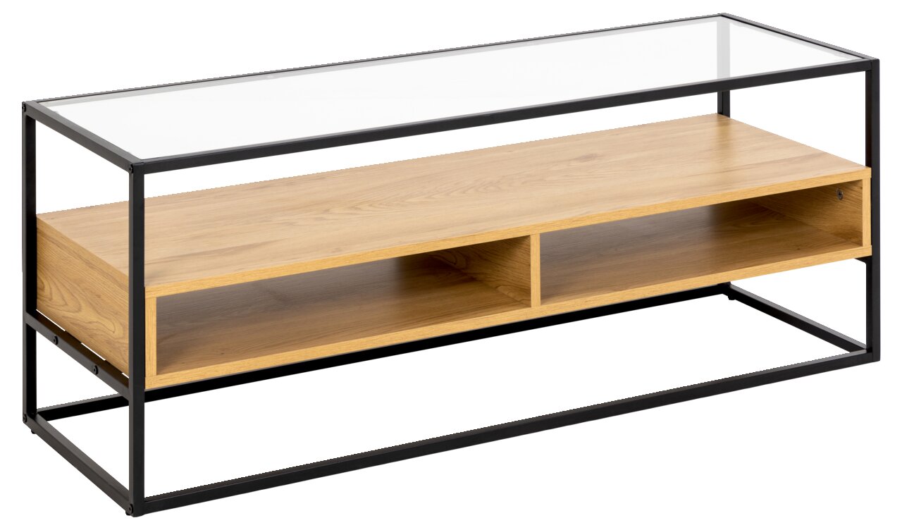 TV-Lowboard aus Holz mit Metallrahmen, seitliche Perspektive
