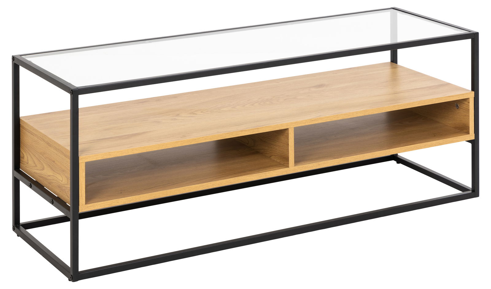 TV-Lowboard aus Holz mit Metallrahmen, seitliche Perspektive