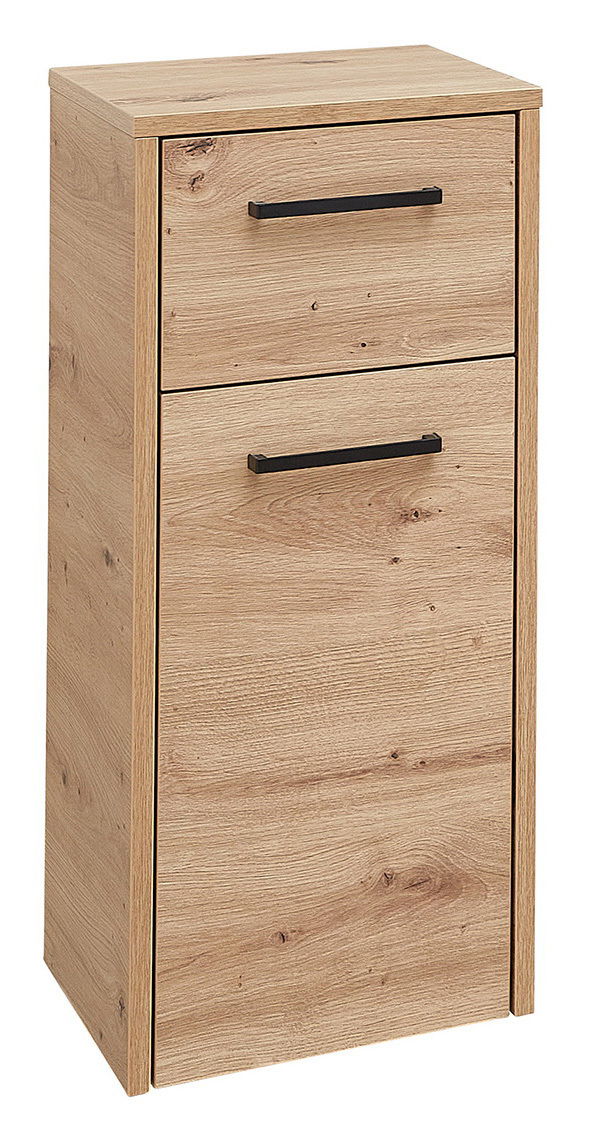 Unterschrank aus Holz mit zwei Schubladen und schwarzen Griffen, frontal fotografiert.