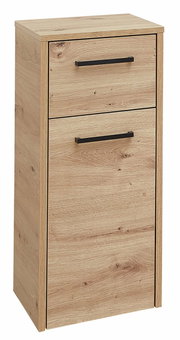 Unterschrank aus Holz mit zwei Schubladen und schwarzen Griffen, frontal fotografiert.