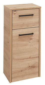 Unterschrank aus Holz mit zwei Schubladen und schwarzen Griffen, frontal fotografiert.