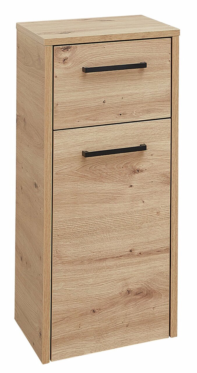 Unterschrank aus Holz mit zwei Schubladen und schwarzen Griffen, frontal fotografiert.